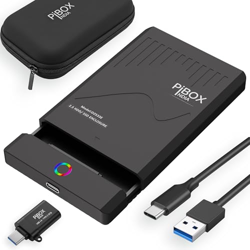 Image of PiBOX 2.5 inch Hard Drive Enclosure RGB LED Type C with OTG Adapter - Retro Casette, PiBOX India 6Gbps USB 3.1 to SATA III Tool-Free External Hard Drive Enclosure for 7mm /9.5mm SSD Laptop HDD UASP
