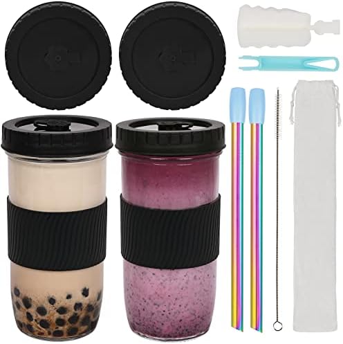 UHAPEER 2 Pack Reusable Boba Tea Cups, 24oz Glass Iced Coffee & S...