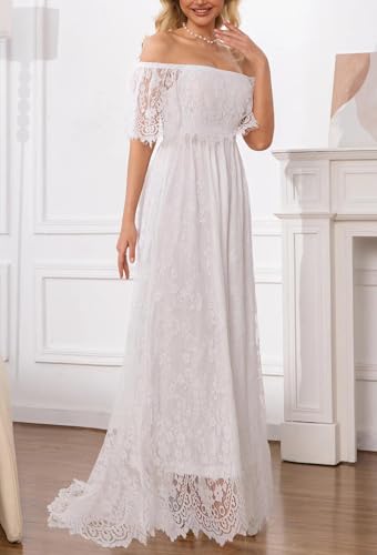 Image of HOYISHION Women's Off The Shoulder Floral Lace Maxi Dress White Bridesmaid Wedding Party Maternity Photoshoot Long Dresses