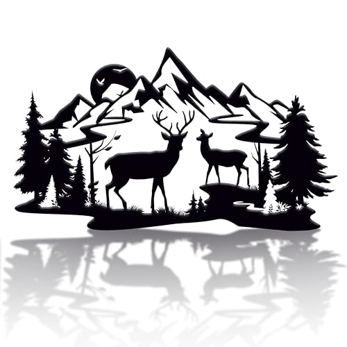 DIMARONGTON Deer Metal Wall Decor, 13x8 Rustic Black Iron Forest Silhouette, Cabin Decor, Mountain Wall Art for Indoor, Outdoor