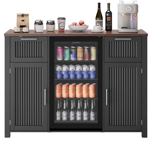 Image of Coffee Bar Cabinet with Fridge Space, Mini Fridge Cabinet with Power Outlet, Modern Wine Liquor Cabinet with 2 Drawers, Fluted Buffet Sideboard with Door Storage for Living Room, Kitchen, Home, Black