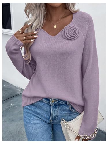 MakeMeChic Women's 3D Flower V Neck Long Sleeve Sweater Knitted Pullover Top2
