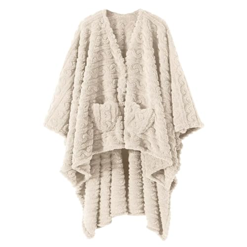 Wearable Blanket Poncho Cape Wrap for Adult Cozy Sherpa Fleece Pocketed Shawl TV Throw Blankets for Office and Lounge(Ivory 58 x 64)