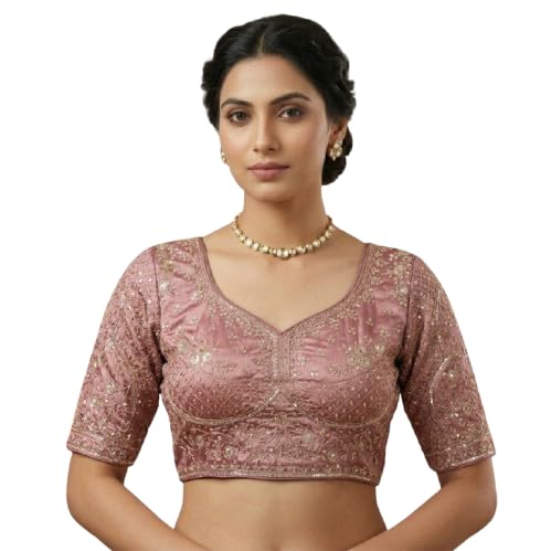 sangam prints Rose Pink Satan Silk Free Size Stitched Glamorous Blouse with Traditional Embroidery Work-picture-13