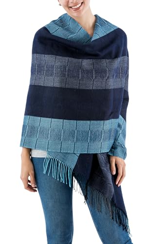 NOVICA Artisan Crafted Handmade Peruvian Alpaca Shawl | Wool Patterned Accessories Shawls | Warm Cozy | Rich Blue Spectrum | Fine Soft Fleece | Patternd Striped | Peru ' Huancayo Blues' 75