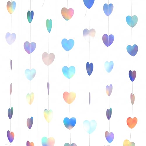 Iridescent Disco-Holographic Heart Garland Decorations Heart Garland 79 Ft Wedding Hanging Decoration Neon Streamers Banner Perfect for Bridal Shower Birthday Party Engagement Valentines Day Decor