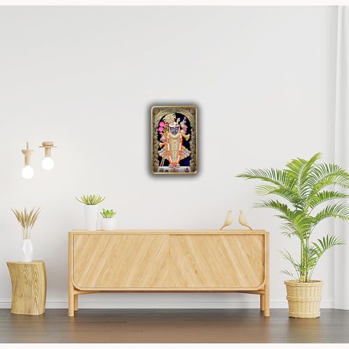 Image of Dharvika Innovations Shrinathji photo frame for wall decoration, paintings for living room, golden slim frame with sparkle coated lamination, painting wall decoration 2415 (12x18 Inch) (Without Glass)