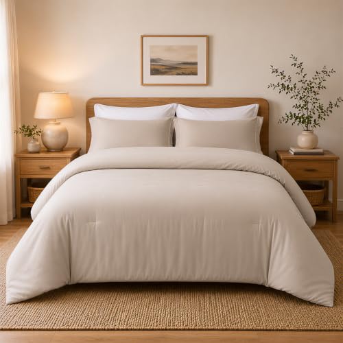 Image of weigelia Queen Comforter Set with Sheets - 7 Pieces Bed in a Bag Queen | All Season, Boho Style, Soft Lightweight Oatmeal Bedding Set with Sheets, Pillow Shams, Pillowcases