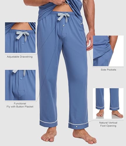 CF Men's 100% Cotton Pajama Sets Button Down Pj Sets Short Sleeve Top & Long Pants Loungewear Lightweight with pockets3