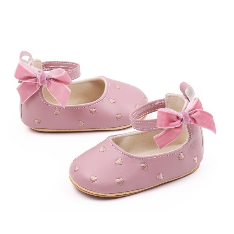 Baby Girls Mary Jane Flats Heart Embroidery Non Slip Soft Sole Bowknot Princess Wedding Dress Shoes Toddler First Walkers Infant Newborn Baptism Crib Shoes4