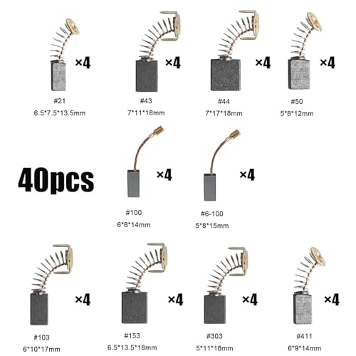 Tkxjry Koolborstels, 40 stuks koolborstels voor elektrisch gereedschap, 10 maten reservekoolborstels, koolborstels voor elektromotoren, universele boormachine - Afbeelding 3