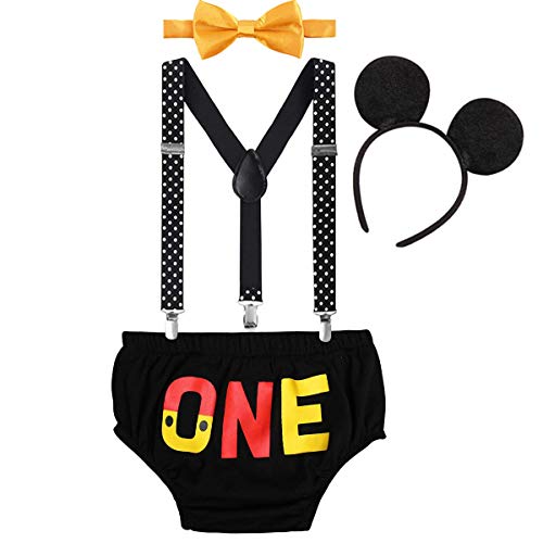 Newborn Baby Boys 1st 2nd Birthday Cake Smash Outfits Christmas Photo Prop Costume Adjustable Y Back Suspenders Bowtie Bloomers Short Pants 3D Mouse Headband Gentleman Formal Suit 03# Black 6-12M