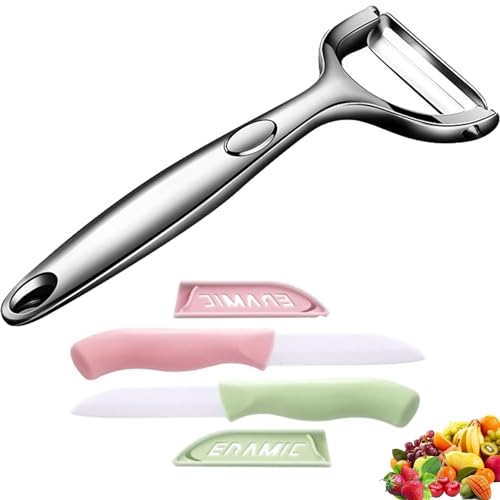 PELADOR PATATAS de Acero Inoxidable + 2x CUCHILLO CERAMICA con Funda | Cortador de verdura | Cortador de Patatas | Pelador Multifuncional | Pelapatatas Afilado y Resistente