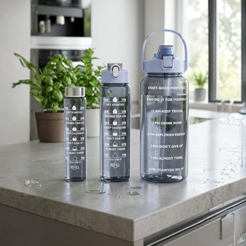 Image of Set of 3 Transparent Water Bottle 2000ML, 900ML, 300ML with Motivational Time Marker | Leak Proof&Break-Proof | Best Usage For Office /School /Gym /Travel Water Bottle