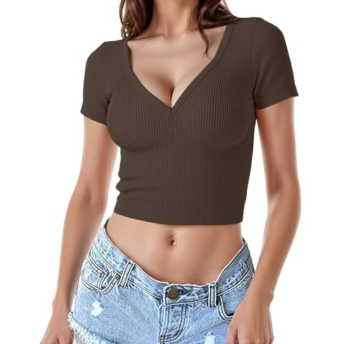 Women's Short Length Fitted V Neck Ribbed High Elasticity Bustier Short Sleeve Top plus Size Tee Shirts for Women3