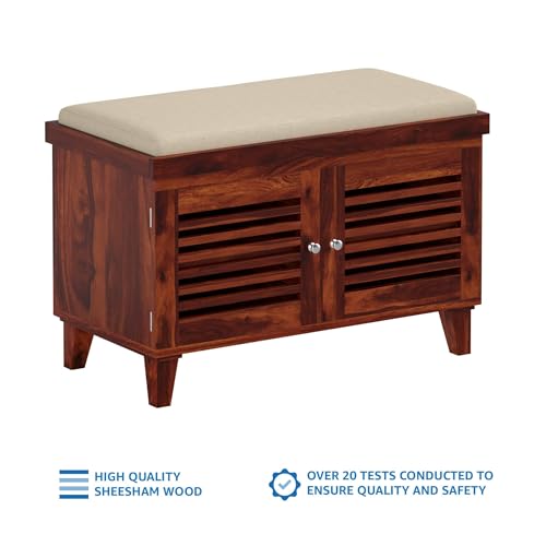 Image of Amazon Brand - Solimo Giljan Solid Sheesham Wood Shoe Storage Cabinet with Seating Bench, Honey Finish, 2 Doors