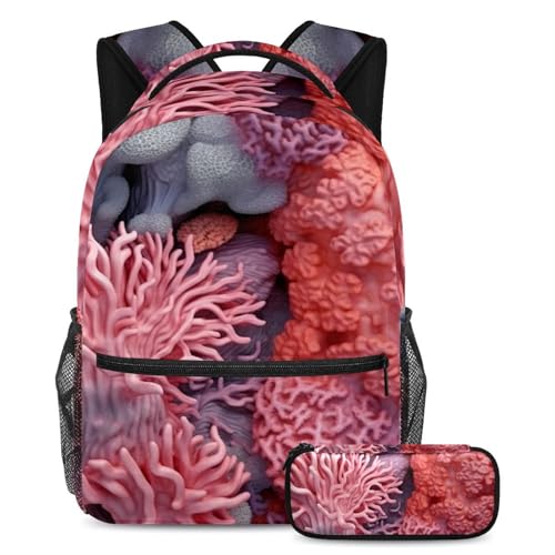Sac à dos Coraux des mers profondes 17 pouces avec trousse pour le collège et lycée