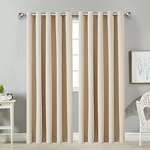 AMEHA Blackout Eyelet Curtains for Bedroom Thermal Insulated Cream Curtains 90x90 Inch Drop Room Darkening Black Out Window Curtain with Matching Tiebacks, 2 Panels Cover