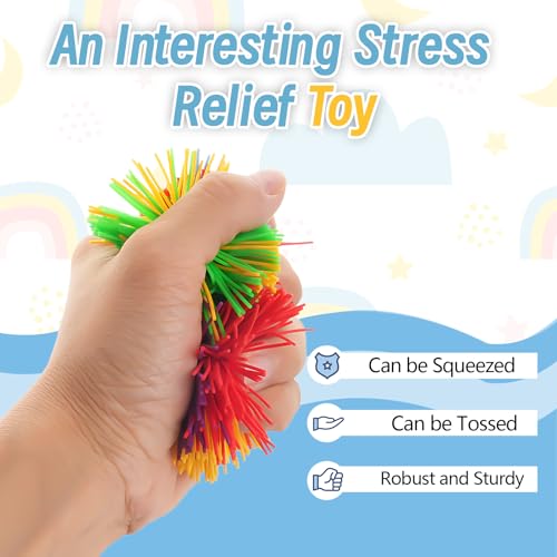 Deepton 6 Stück Farbe Stringy Balls, Wuschelbal 9cm, Sensory Fidget Balls, Mitgebsel Kindergeburtstag 6, 7, 8, 9,10 Jahre, Weiche Regenbogen Pom Bouncy Stress Ball für Familienspiele, Freundesspiele