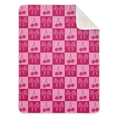 Image of Checkered Pink Cherries and Bows Baby Swaddle Blanket for Boys and Girls, Muslin Baby Receiving Swaddle Blanket, Soft Cotton Nursery Swaddling Blankets for Newborn Toddler Infant