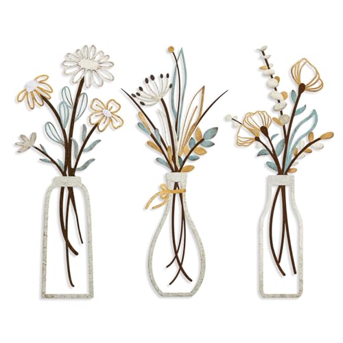 Pigort 3 Pieces Metal Flowers Wall Arts - Rustic Farmhouse Decor Beige Minimalist Flower Wall Decors for Living room Bathroom Bedroom Dining Room, Housewarming Gifts Christmas Decoration (Beige, Vase-C)