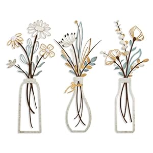 Pigort 3 Pieces Metal Flowers Wall Art- Rustic Farmhouse Decor Minimalist Decor for Living Room Bathroom Bedroom Dining Room, Housewarming Gifts Christmas Decoration(Beige, Vase-C)