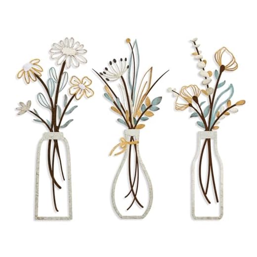 Pigort 3 Pieces Metal Flowers Wall Arts - Rustic Farmhouse Decor Beige Minimalist Flower Wall Decors for Living room Bathroom Bedroom Dining Room-Housewarming Gifts (Beige, Vase-C)
