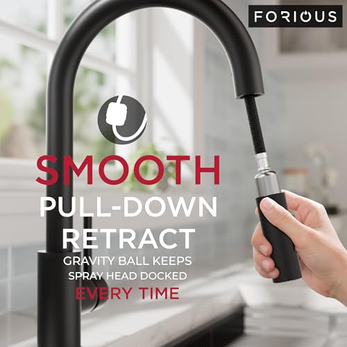 Image of FORIOUS Black Kitchen Faucet with Pull Down Sprayer, Modern Single Hole Kitchen Sink Faucet with Soap Dispenser, Deck Plate, Single Handle, High Arc Stainless Steel for RV Farmhouse Laundry Outdoor