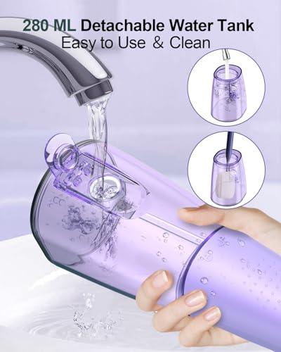 Munddusche Kabellos Elektrischer Zahnreiniger, Sejoy Zahndusche Water Flosser 5 Modi & 6 Düsen USB-C Wiederaufladbare Wasser Flosser IPX7 Wasserdicht, 280ML Wassertank Mund Reiniger (Lila) – Bild 8