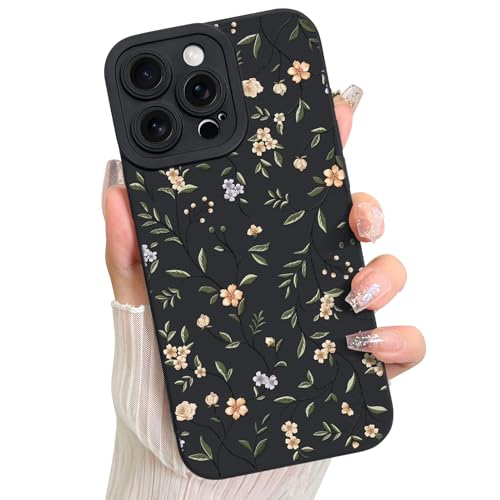 Coque iPhone 15 Pro LSL florale en TPU souple antichoc noir pour femme