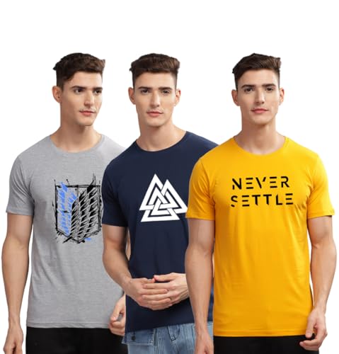 Image of ADRO 100% Cotton Lycra Tshirts for Men Combo Pack of 3 | Regular Fit | Printed T Shirt | Round Neck Half Sleeve| Mens Tshirts