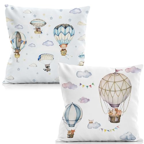 Image of LUVADIAN hot air Balloon Pillow Covers,Cute Woodland Animals Pillow Covers 18x18 Set of 2 -Woodland Nursery Decor,Kids Playroom Decor, Baby Boy Girl Nursery Decor, Kids Decorative Pillow