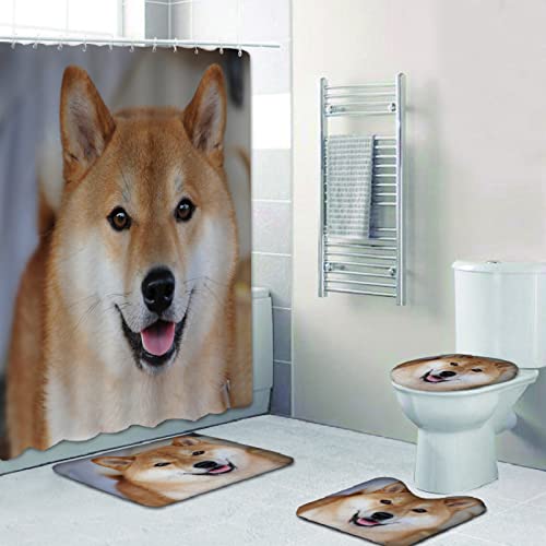 Duschvorhang Weißer Brauner Hund Badezimmerteppich 4-Teiliges Set, Duschvorhang 180x180 Polyester+Badematte rutschfeste…
