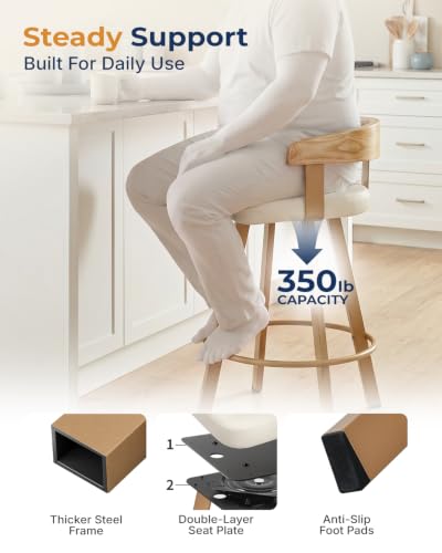 Image of FORSPARK 26 inch Swivel Counter Height Bar Stools, 350 lbs Capacity Barstool | 360 Rotation, Easy to Assemble, Wide Foam Seat, Solid Wood Backrest, Heavy Weight for Kitchen Dining Cafe, Beige & Natural