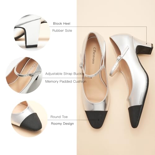 C.Paravano Mary Jane Pumps Women's Pumps Two Tone Almond Toe Block Heels Adjustable Strap Casual Pump Shoes (Silver,8.5)2