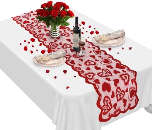 Valentines Table Runner, Red Lace Table Runner, Valentine Heart L...