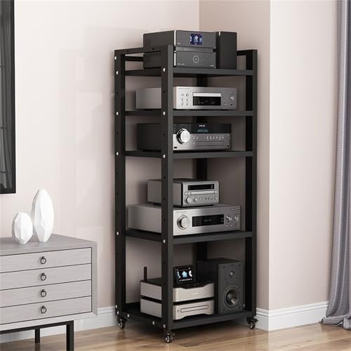 Stojak stereo stojak na audio i wideo stojak na odtwarzacz płyt AV stojak multimedialny szafka stereo z kółkami, regulowany stojak stereo 5/6/7/8 poziomów do kina domowego, naturalny, czarny, 5