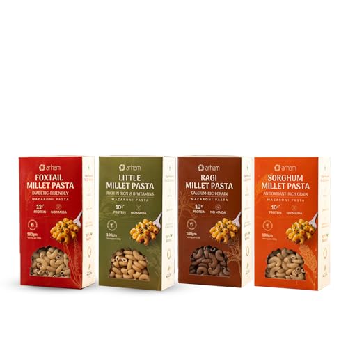 Image of Arham Organic Pasta Combo Macaroni| Foxtail, Little, Ragi & Sorghum | No Maida, Not Fried, No MSG, No Preservatives | Easy & Quick to Cook 180GM Each