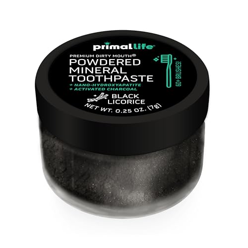 Image of Primal Life Organics - Dirty Mouth Toothpowder, Activated Charcoal Tooth Cleaning Powder, Essential Oils Natural Kaolin Bentonite Clay, 60+ Brushings, Organic Vegan (Charcoal Black Licorice, 0.25 oz)