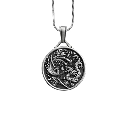 BySilverStone - Chinesse Dragon Necklace in Silver, Mens Asian Culture Inspired Creature Carved Pendant Jewelry