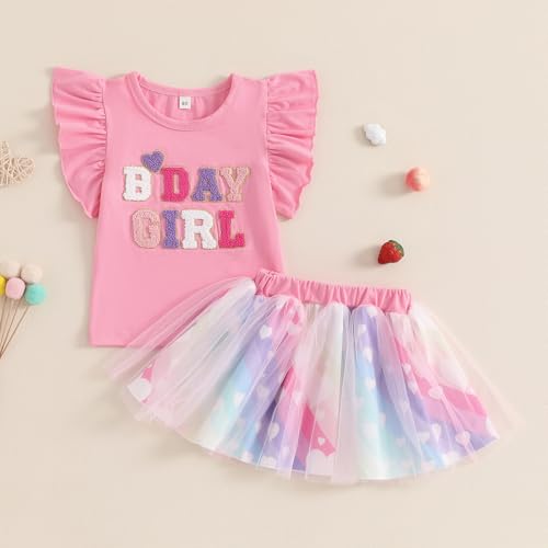 Kayotuas Baby Girl Birthday Outfit Birthday Girl Embroidery Ruffle Sleeve T Shirt and Tutu Skirt Little Girls Birthday Dress2