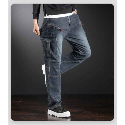 Men's Stretch Regular Fit Straight Leg Cargo Jeans Pants with Zipper Pocket 28-444