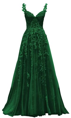 Sweetheart Tulle Prom Dress for Teens with Slit Lace Spaghetti Strap Prom Dresses A Line Long Ball Gown with Slit Dark Green US 12