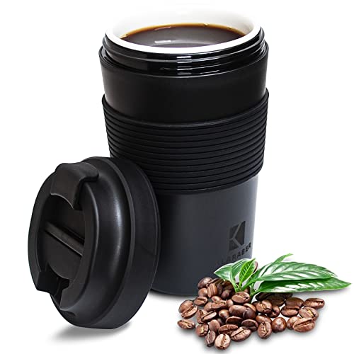 Klaraber Ceramic Travel Mug with Lid, Portable Porcelain Cup with Sleeve, Leakproof Ceramic Lined Coffee Cup Travel Mug, Reusable Coffee Cup, 350ml / 12oz (Black)