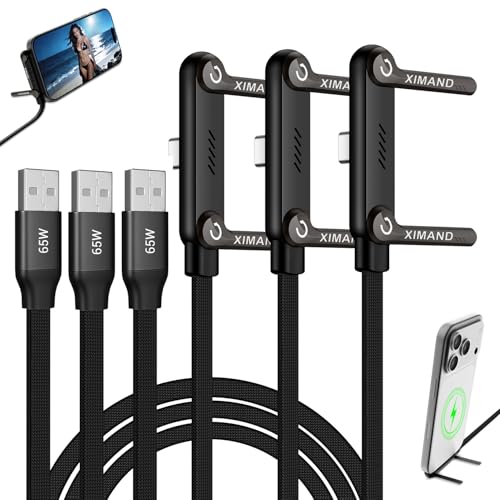 Image of Invisible Holder Charger Cable, 65W Fast USB to USB-C Cable 1.5 M /4.9 FT with 360 Adjustable Phone Stand, 2 in 1 Holder Charger for Gaming, Office, Home, Video Watching, Black, 3 pack