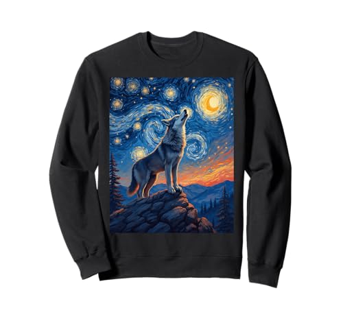 Noche estrellada de Van Gogh Gray Wolf Timber Wolf Animal Sudadera