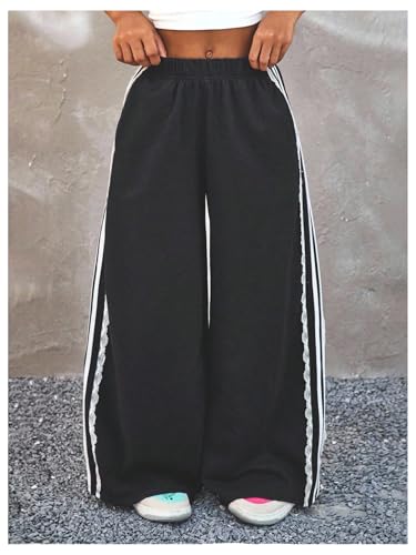 MakeMeChic Girl's Lace Striped Wide Leg Sweatpants Elastic Waist Athletic Baggy Pants3