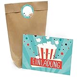 Kindergeburtstag Einladung Set mit je 8 Einladungskarten, Umschlägen, Tüten und Aufkleber - Kino Film Popcorn Party