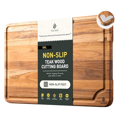 Extra Large Teak Wood Cutting Board 20inch for Kitchen Non Slip Feet Over Sink Butcher Block...