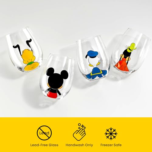 Image of JoyJolt Disney Mickey Mouse Squad Collection Tumblers. 15oz Stemless Wine Glasses Set of 4 Stemless Drinking Glasses. Gifts Stuff, Wine Glass Mickey Mouse Cup Set